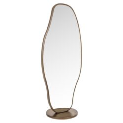 Strakke en moderne vrijstaande houten trempelspiegel met een unieke rand en rotan afwerking. Perfect voor elegante interieuraccenten en functionele decoratie.