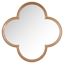 Gepersonaliseerde wandspiegel in unieke clovervorm met houten afwerking, perfect voor stijlvolle interieurs en decoratie in huis of zakelijke omgeving.