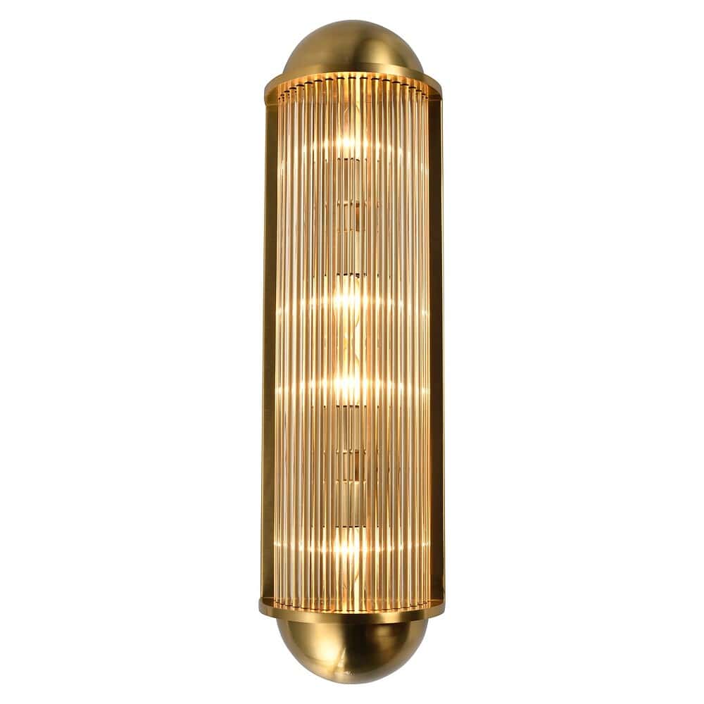 Gouden wandlamp met glazen buis en warm licht, modern en stijlvol design voor binnen en buiten. Perfect voor een luxueuze inrichting of terras, voegt elegantie toe aan elke ruimte.