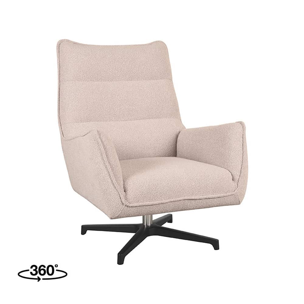Elegante moderne vintage fauteuil met zachte stoffen bekleding en draaibaar stalen onderstel, perfect voor zithoeken en interieurdesign.