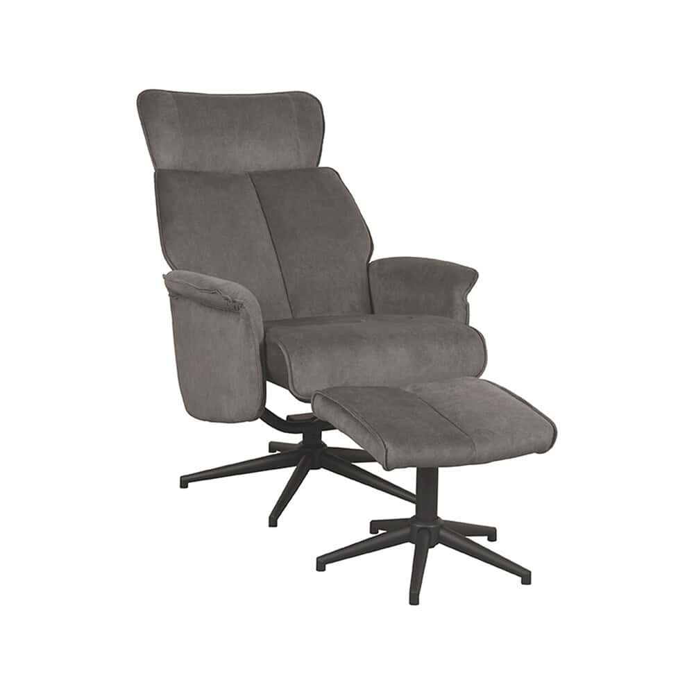 Comfortabele grijze relaxfauteuil met voetenbank, perfect voor modern interieur, gemaakt door Mokana Meubelen.