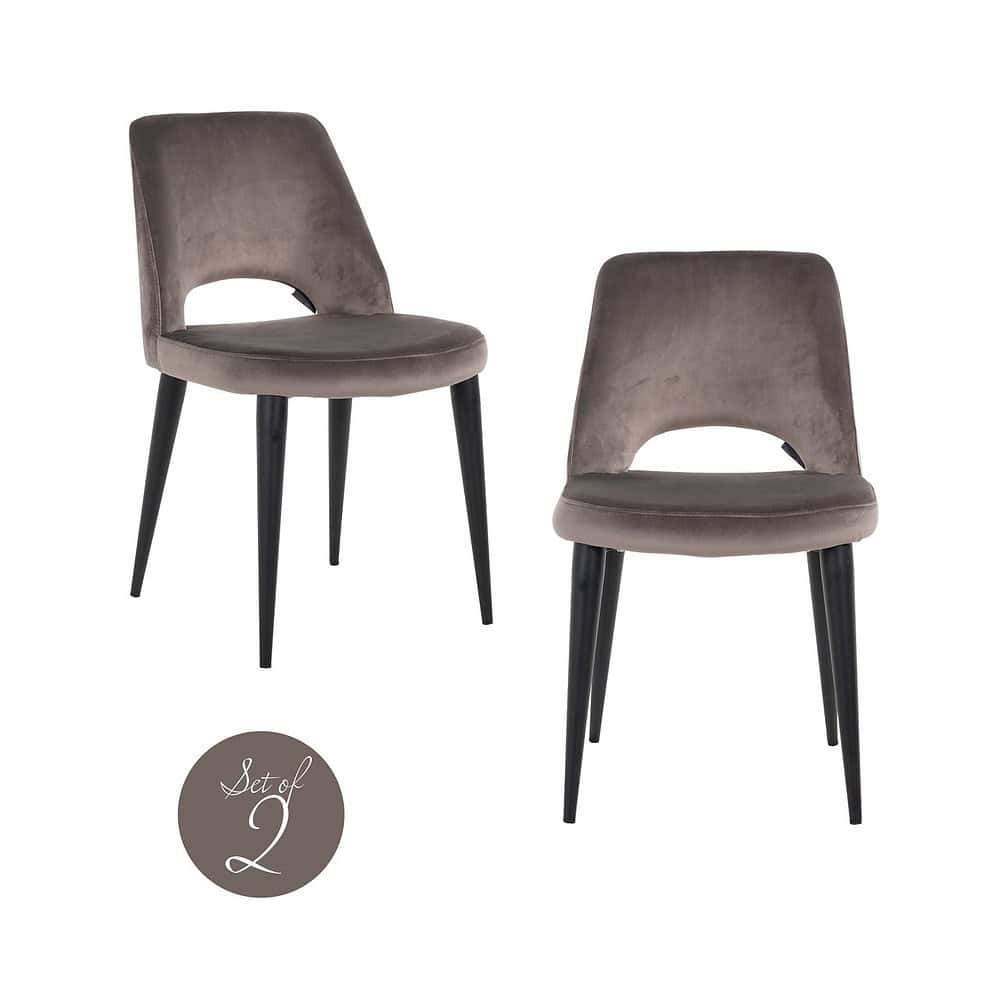 Rustieke eetkamerstoelen set van 2 met zwart metalen poten en zacht taupekleurig fluweel bekleding, perfect voor een modern interieur.