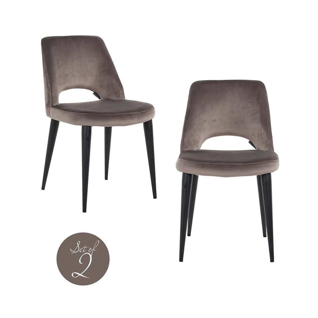 Rustieke eetkamerstoelen set van 2 met zwart metalen poten en zacht taupekleurig fluweel bekleding, perfect voor een modern interieur.