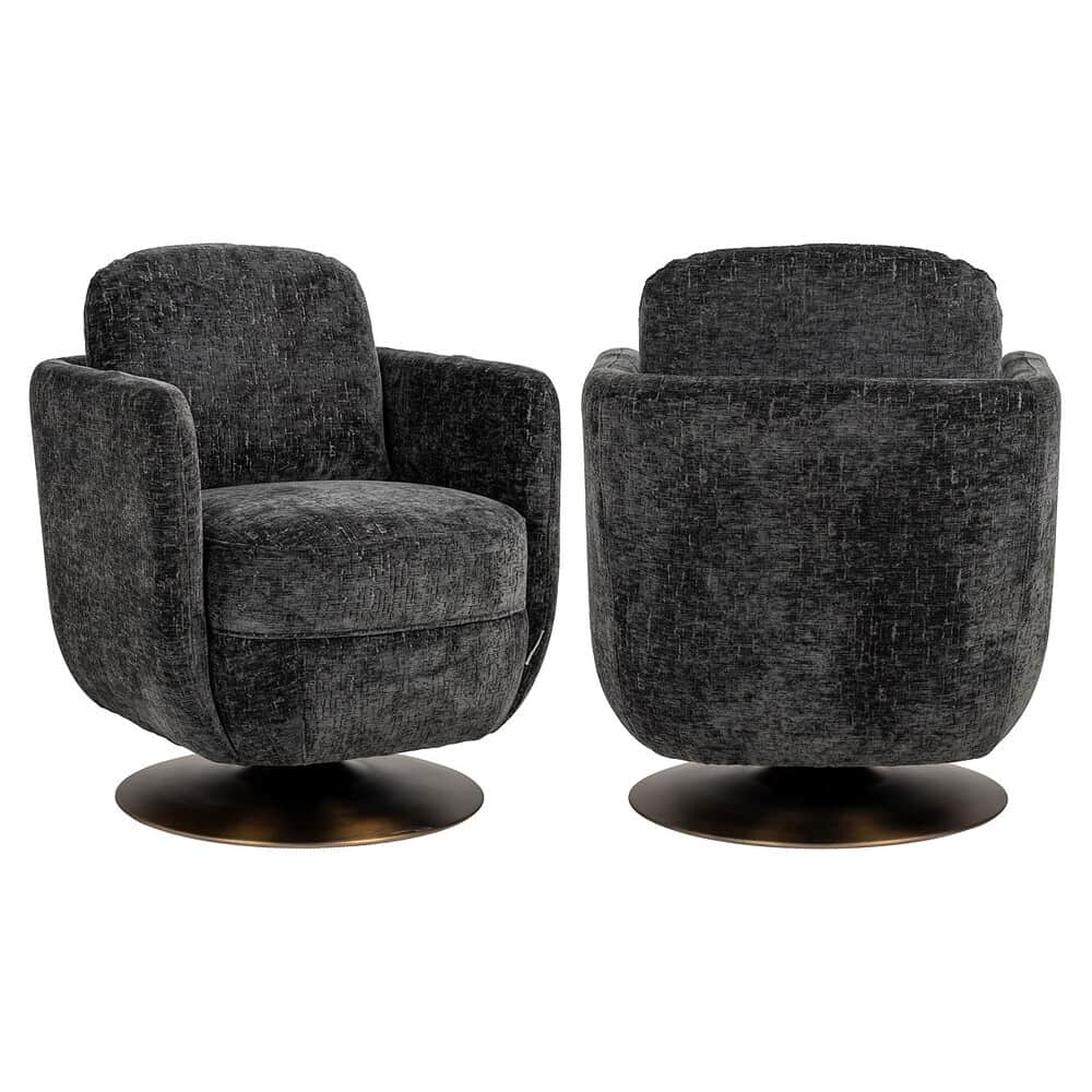 Stijlvolle zwart gestoffeerde fauteuils van Mokana Meubelen met draaibaar design en comfortabele zit. Perfect voor een luxe en moderne woonkamer inrichting.