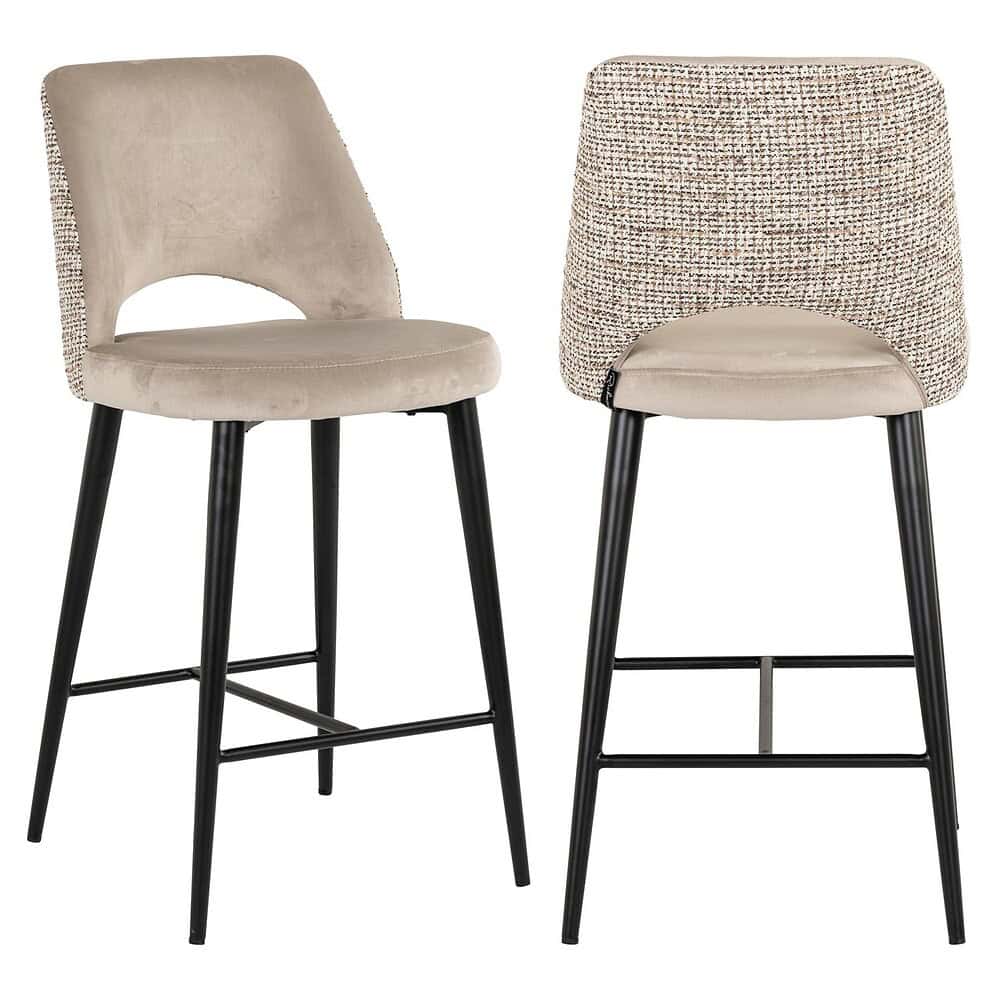 Modern barkrukken met velvet en stoffen bekleding, zwart metalen poten, ideaal voor moderne keukens en bartafels.