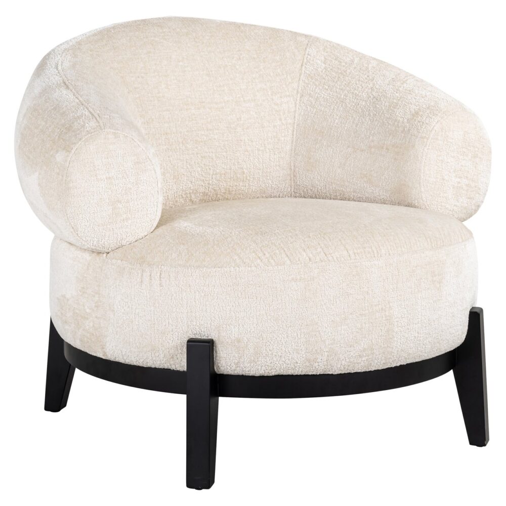 Elegant ronde fauteuil met beige stoffen bekleding en zwarte houten poten, perfect voor modern interieur en comfortabele zitervaring.