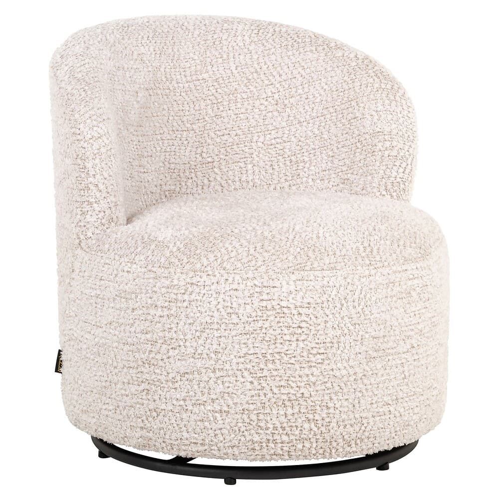 Luxe zachte velvet fauteuil met ronde vormen en een zwart metalen onderstel, perfect voor sfeervolle en comfortabele zithoeken.