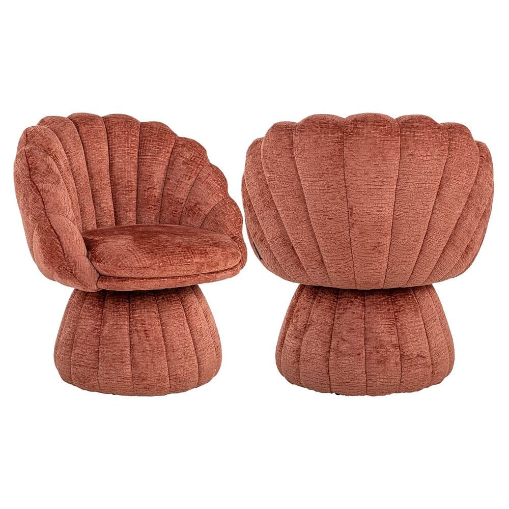 Unieke vintage schelppatroon poef set in terracotta oranje, perfect voor een gezellige woonkamer of loungehoek, vervaardigd door Mokana Meubelen.