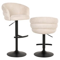 Zit-stoel met rugleuning in beige stoffering, verstelbare hoogte en zwart metalen voet met voetsteun, geschikt voor modern interieur.