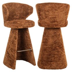 Vintage houten barkrukken met cosy stoffen bekleding, ideaal voor een warme, retro interieur, exclusief design en comfortabele zitervaring, verkrijgbaar bij Mokana Meubelen.
