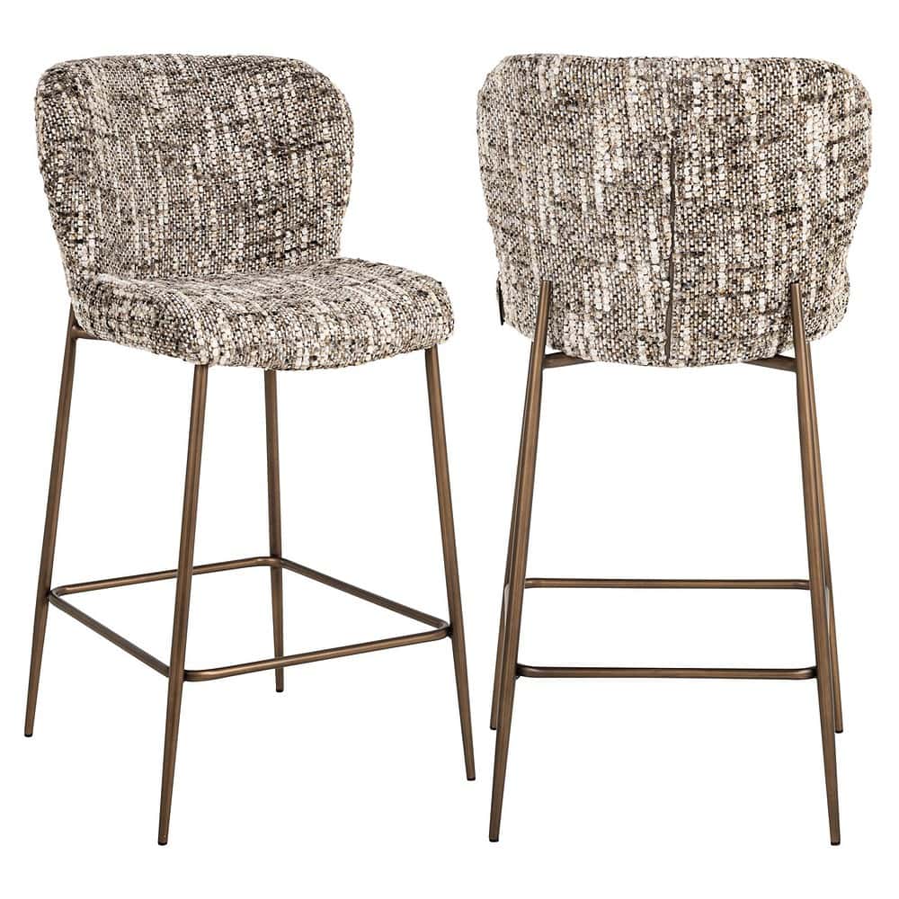 Zitstoelen met een bont stoffen bekleding en metalen poten, ideaal voor een moderne eetkamer of bar. Comfortabel en stijlvol design, perfect voor diverse interieurstijlen.