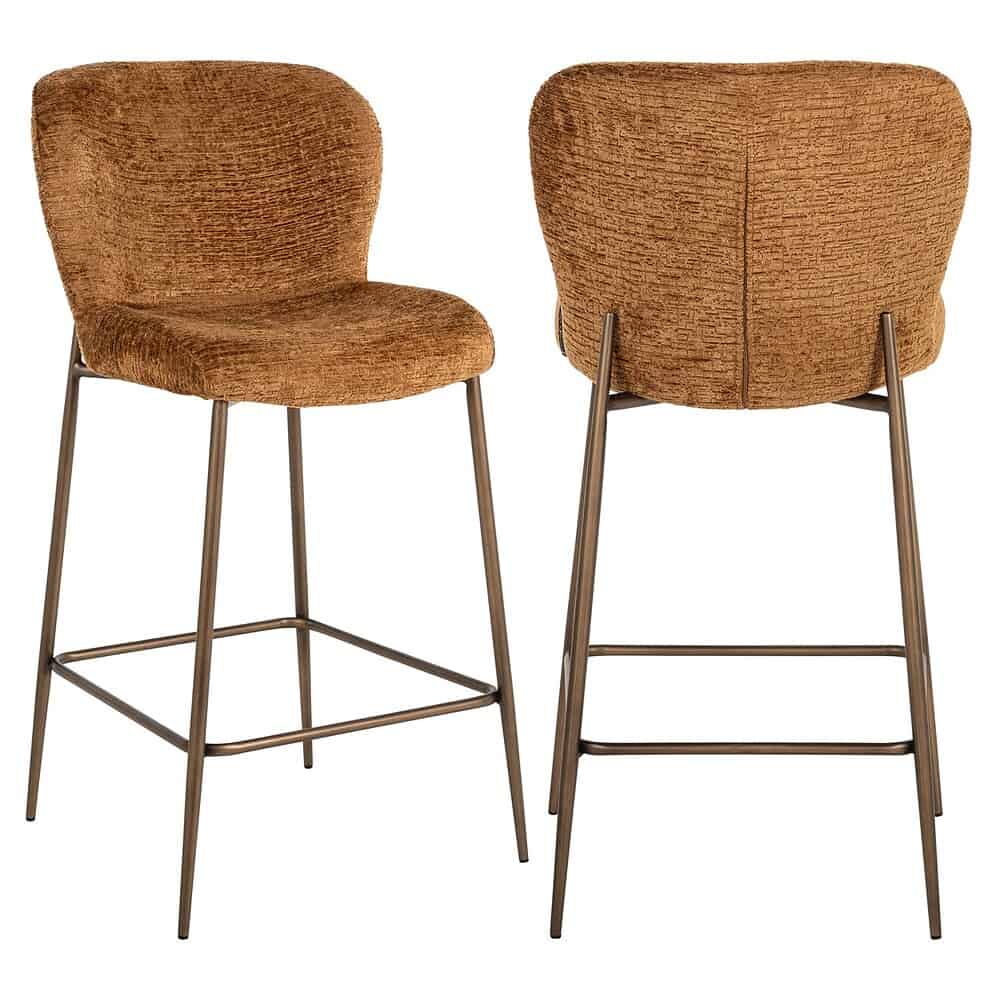 Brown velvet upholstered barstools with metal legs, modern design for kitchen or bar area. Perfect for adding style and comfort to your dining space.