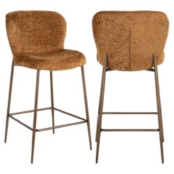 Brown velvet upholstered barstools with metal legs, modern design for kitchen or bar area. Perfect for adding style and comfort to your dining space.