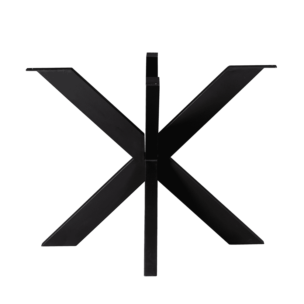 X-vormige metalen tafelonderstel, modern design voor op maat gemaakte eettafels en werktafels, zwart afgewerkt, stevig en duurzaam meubelonderdeel.