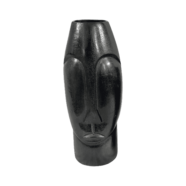 Zwarte houten masker, artistieke beeldhouwkunst, Afrikaanse wanddecoratie, uniek handgemaakt kunstobject, Mokana Meubelen collectie.