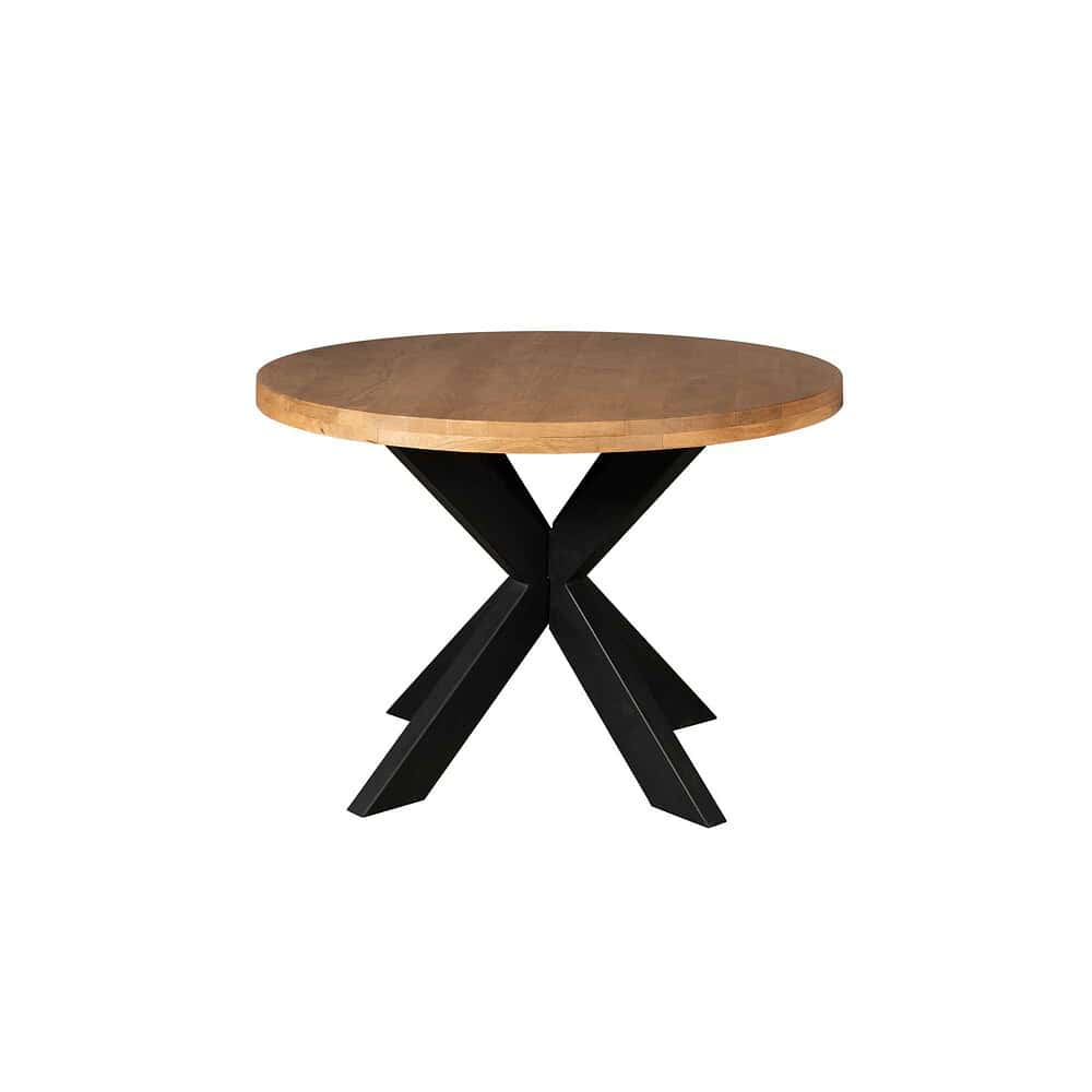 Eettafel met houten tafelblad en zwarte X-vormige metalen poten, modern en stijlvol ontwerp perfect voor woonkamer of eetkamer.