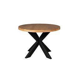 Eettafel met houten tafelblad en zwarte X-vormige metalen poten, modern en stijlvol ontwerp perfect voor woonkamer of eetkamer.