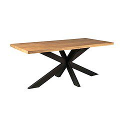 Rustieke eettafel met massief eiken blad en zwart metalen onderstel, ideaal voor een stijlvolle en duurzame eetkamer.