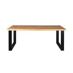 Robuuste houten eettafel met zwart metalen onderstellen, perfect voor moderne interieurstijlen en gezellige eettafels.