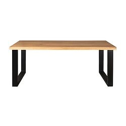 Zwarte metalen onderstel met massief eikenblad, modern eettafel design van Mokana Meubelen voor een stijlvolle eetkamer uitstraling.