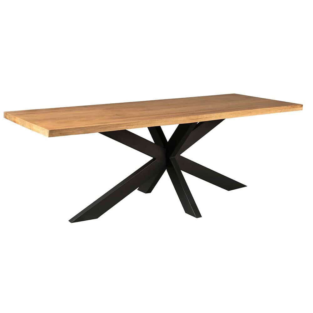 Elegante houten eettafel met zwart metalen onderstel, modern en tijdloos design, perfect voor landelijke en moderne interieurstijlen.