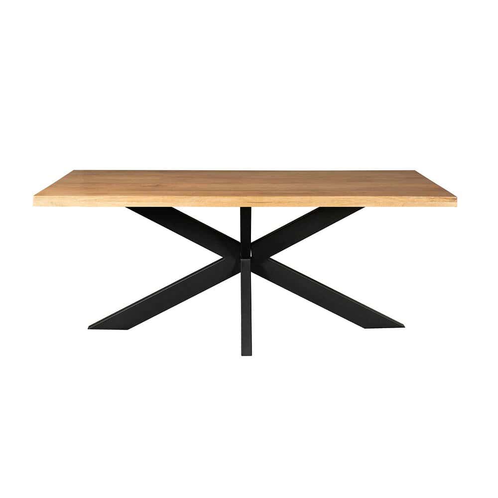 Elegant eettafel met een natuurlijk houten blad en zwart metalen onderstel, perfect voor modern en industrieel interieur, gecombineerd comfort en stijl.