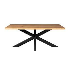 Elegant eettafel met een natuurlijk houten blad en zwart metalen onderstel, perfect voor modern en industrieel interieur, gecombineerd comfort en stijl.