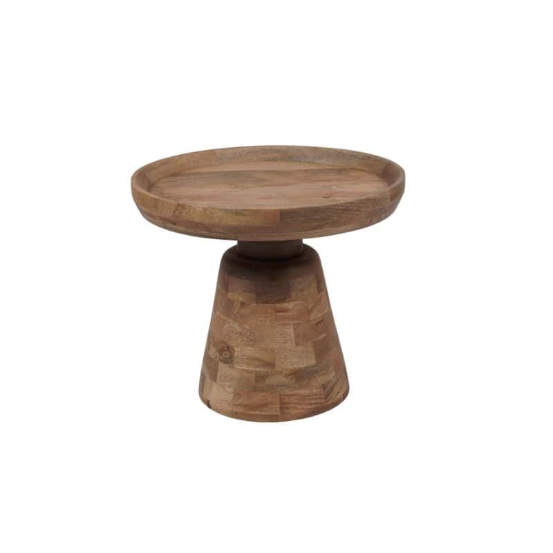 Massief houten bijzettafel, ronde houten salontafel, handgemaakte houten meubels, landelijke woonaccessoire, duurzame houtproducten.