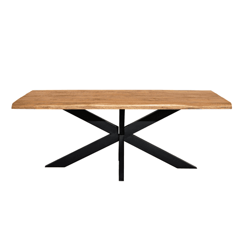 Eettafel van massief hout en zwart metalen onderstel, modern design, op maat gemaakte meubels, Mokana Meubelen, perfect voor eetkamers en interieurs, duurzame en stijlvolle houten eettafel.