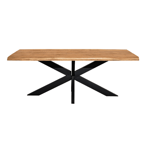 Modern eettafel met natuurlijk houten blad en zwart metalen onderstel, ideaal voor een eigentijdse interieurstijl.