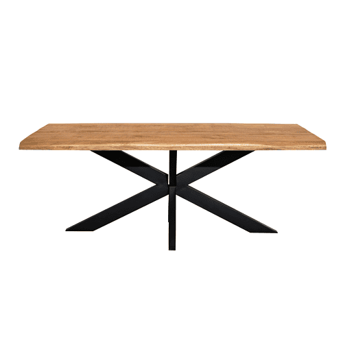 Elegante eetkamertafel met een massieve eikenhouten blad en een steigerhouten frame, perfect voor moderne interieurs en verschillende eetruimtes.