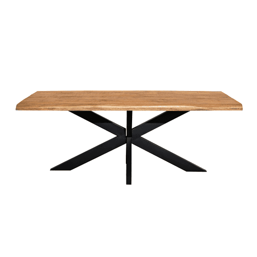 Elegante houten eettafel met een zwart metalen onderstel, perfect voor modern en Scandinavisch interieur. Duurzaam en stijlvol meubel, ontworpen door Mokana Meubelen.