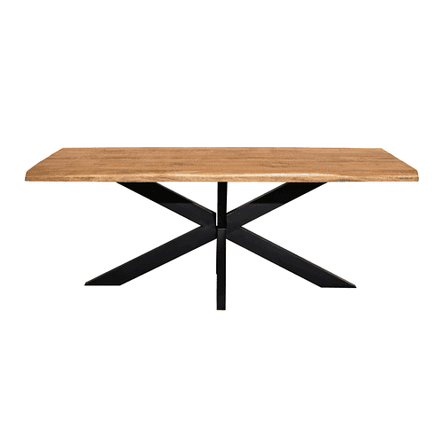 Sfeervolle eettafel met een landelijke houten top en stijlvolle zwarte metalen onderstellen, perfect voor een moderne of landelijke interieurstijl.