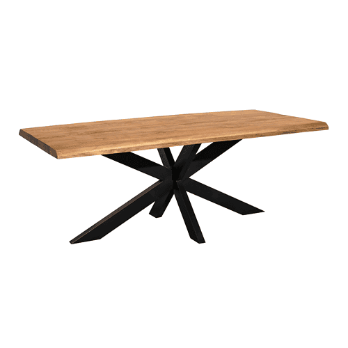 Strak eikenhouten eettafel met zwart metalen onderstel, modern design, maatwerk mogelijk, perfect voor een eigentijds interieur.