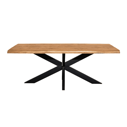 Strak houten eettafel met zwart metalen onderstel, modern design, perfect voor een eigentijdse eetruimte, hoogwaardige kwaliteit, maatwerk mogelijk.