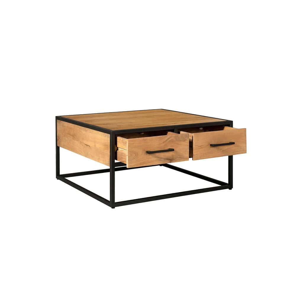 Hoogwaardige houten salontafel met zwart metalen frame, modern industrieel ontwerp, bij Mokana Meubelen. Perfect voor moderne woonruimtes, origineel en functioneel.