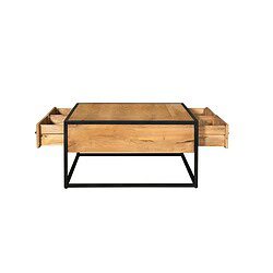 Steigerhouten salontafel met opberglades en zwart metalen frame, perfect voor een moderne woonkamer. Mokana Meubelen biedt unieke houten meubelstukken met een industrieel design.