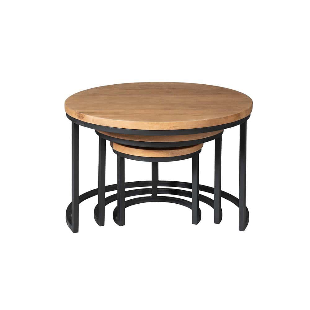 Eettafel set van massief hout en zwart metalen onderstel, modern en functioneel meubilair.