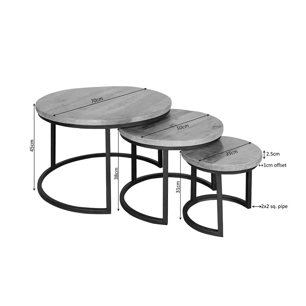 Decoratief wooden nesting tables set met zwarte metalen frames, ideaal voor moderne woonkamers en salontafels, verkrijgbaar in verschillende maten en afwerkingen voor stijlvolle woonruimte.