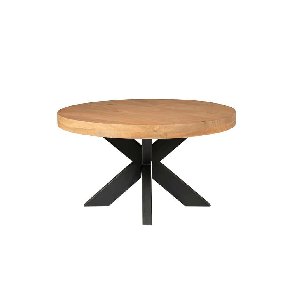 Robuuste eettafel met een rond houten blad en zwart metalen onderstel voor een moderne en tijdloze uitstraling. Perfect voor eetkamers en keukens die elegantie en functionaliteit combineren.