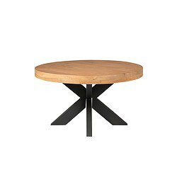 Robuuste eettafel met een rond houten blad en zwart metalen onderstel voor een moderne en tijdloze uitstraling. Perfect voor eetkamers en keukens die elegantie en functionaliteit combineren.