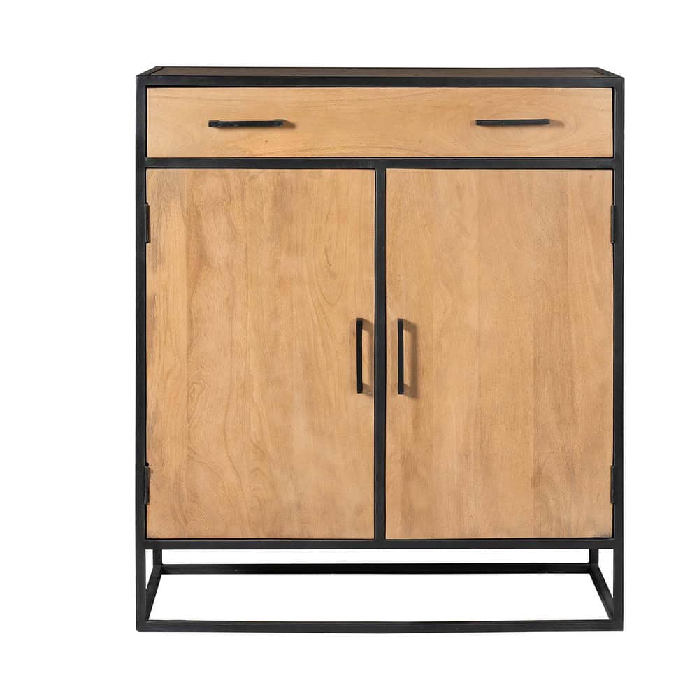 Eikenhouten garderobekast met zwart metalen frame, modern industrieel design, op maat gemaakt meubel, ideaal voor woonkamer of hal.