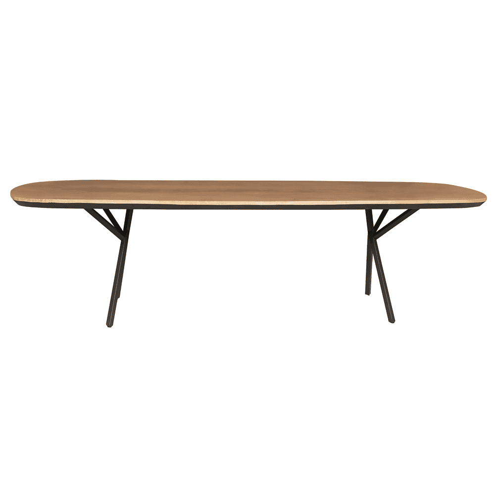 STF-3523 Elegante eettafel met houten blad en zwart metalen onderstel, modern en stijlvol design voor elke eetkamer. Perfect voor gezellige diners en moderne interieurs.