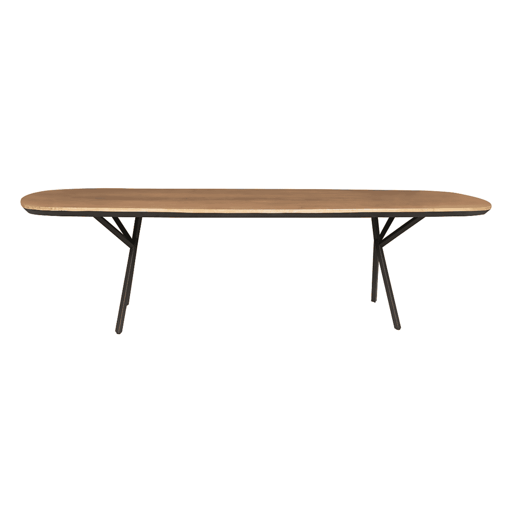 STF-3523-3 Elegante eettafel van massief hout met zwart metalen frame, perfect voor een modern interieur en duurzame woonruimte.