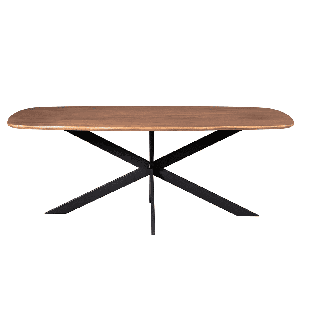 Robuuste eettafel van massief hout met uniek zwart metalen onderstel, perfect voor moderne en landelijke interieurstijlen.