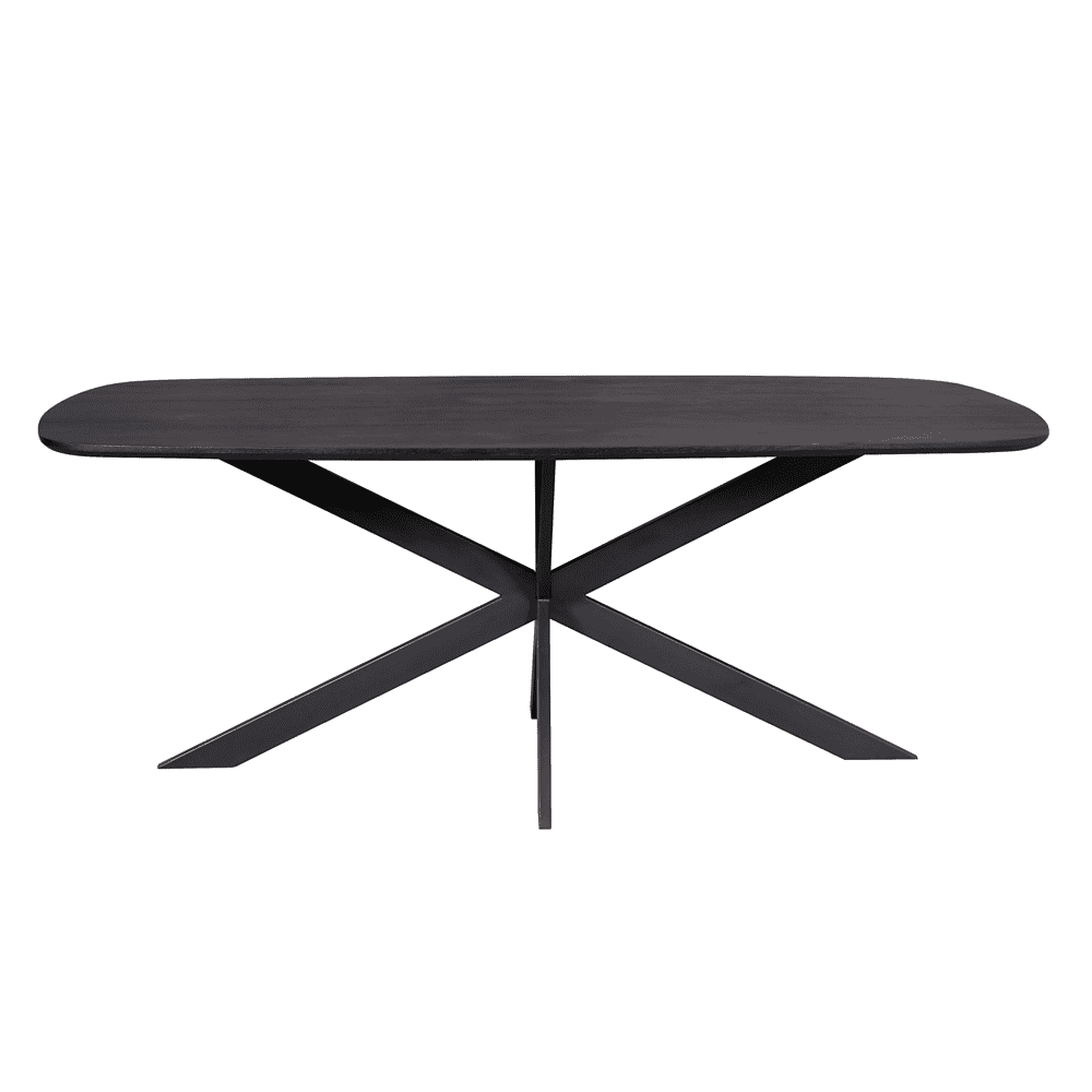 Modern zwart houten design eettafel met unieke X-vormige metalen onderstel, perfect voor een stijlvolle en functionele eetruimte.