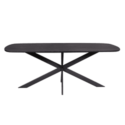 Modern zwart houten design eettafel met unieke X-vormige metalen onderstel, perfect voor een stijlvolle en functionele eetruimte.
