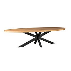 Unieke eettafel met elegant houten blad en zwart metalen onderstel, perfect voor moderne interieurs.