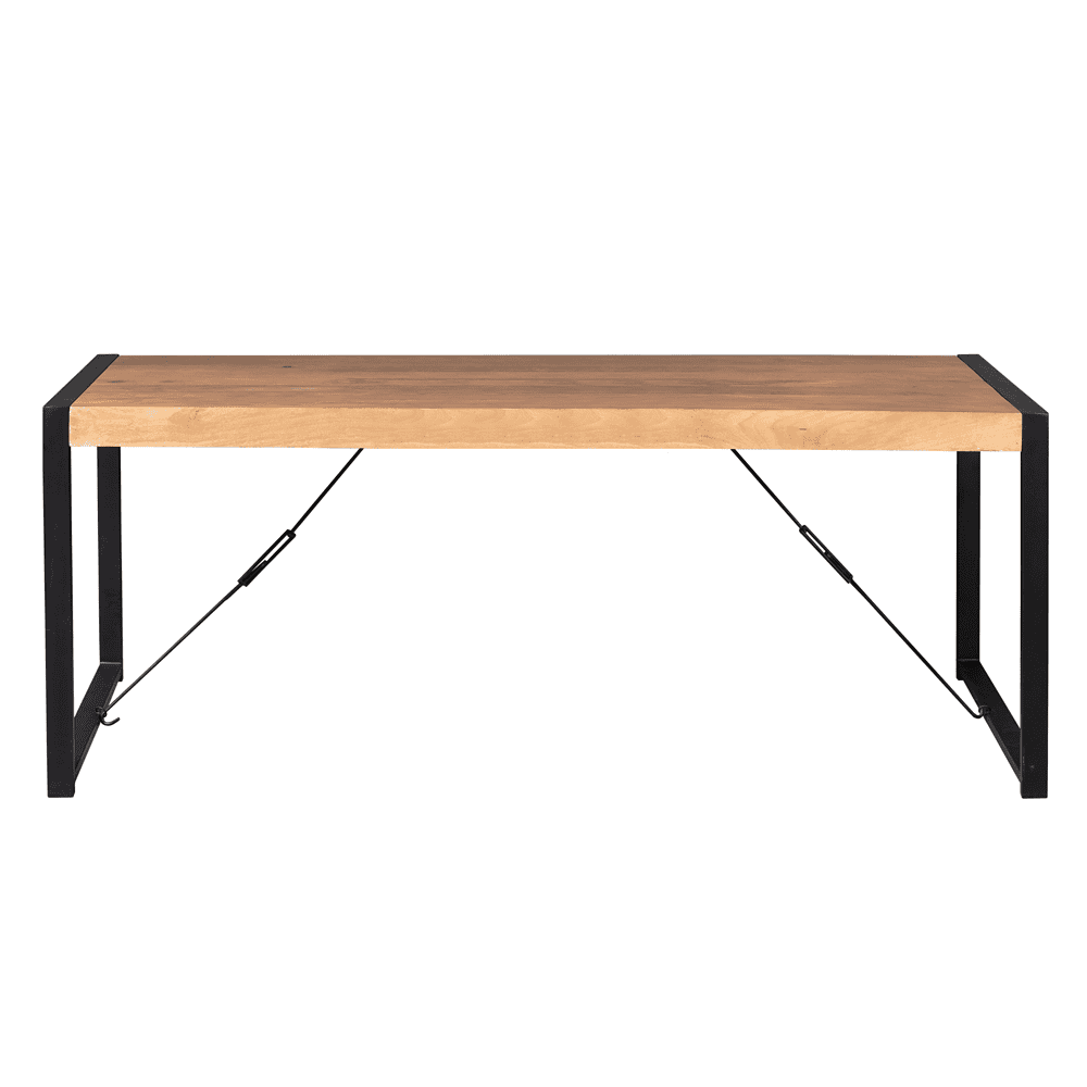 Modern houten eettafel met zwart metalen frame, geschikt voor eetkamers en keukens, duurzaam en stijlvol design.
