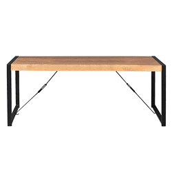 Modern houten eettafel met zwart metalen frame, geschikt voor eetkamers en keukens, duurzaam en stijlvol design.